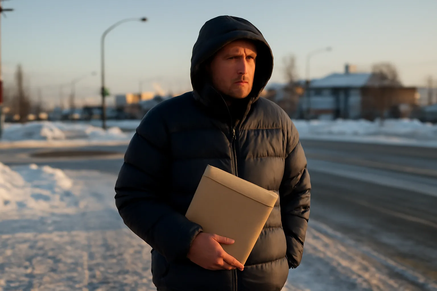 Process server in snowy Anchorage holding legal envelope near a parked car
