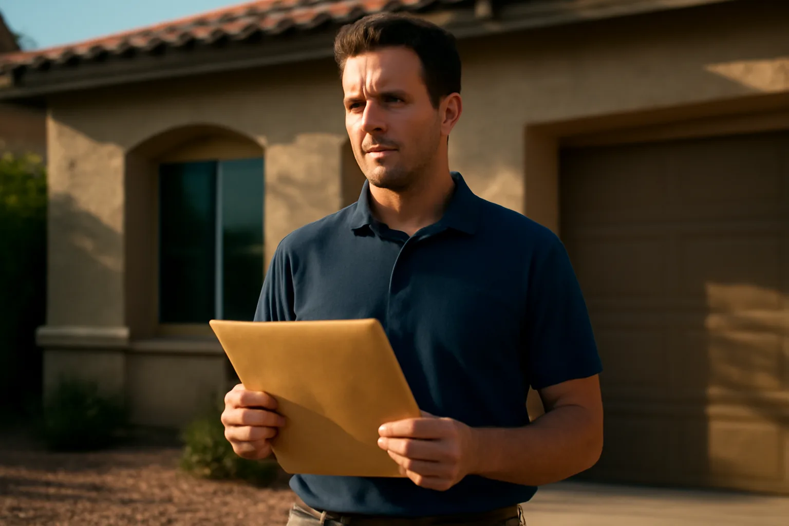 Process server in Arizona standing outside a stucco home holding a plain envelope
