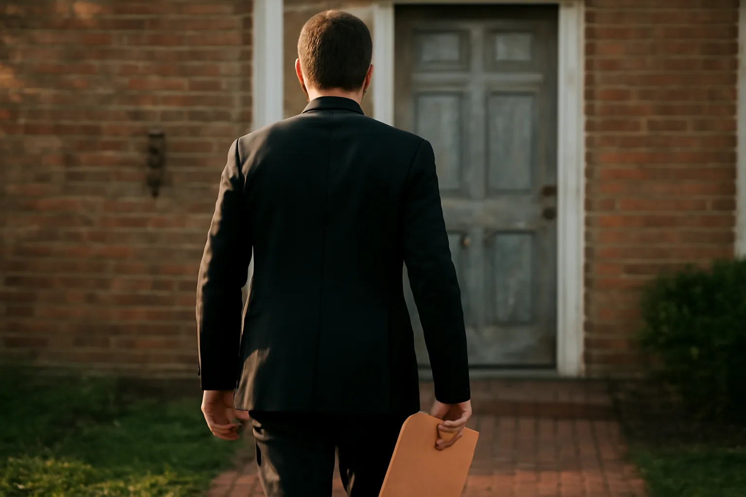 Process server approaches a Delaware front door holding a blank manila envelope.