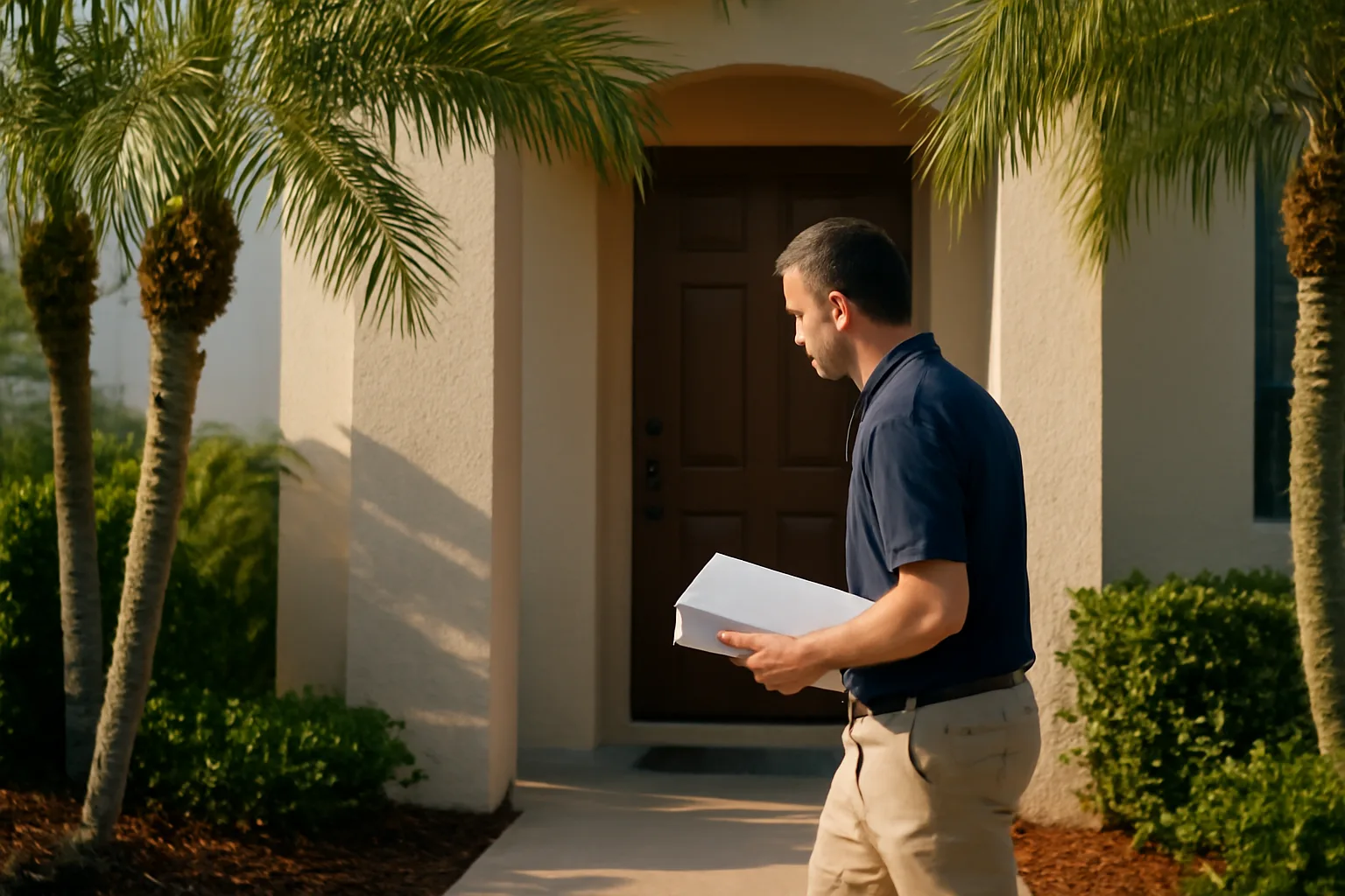 Florida process server carrying documents to a suburban home