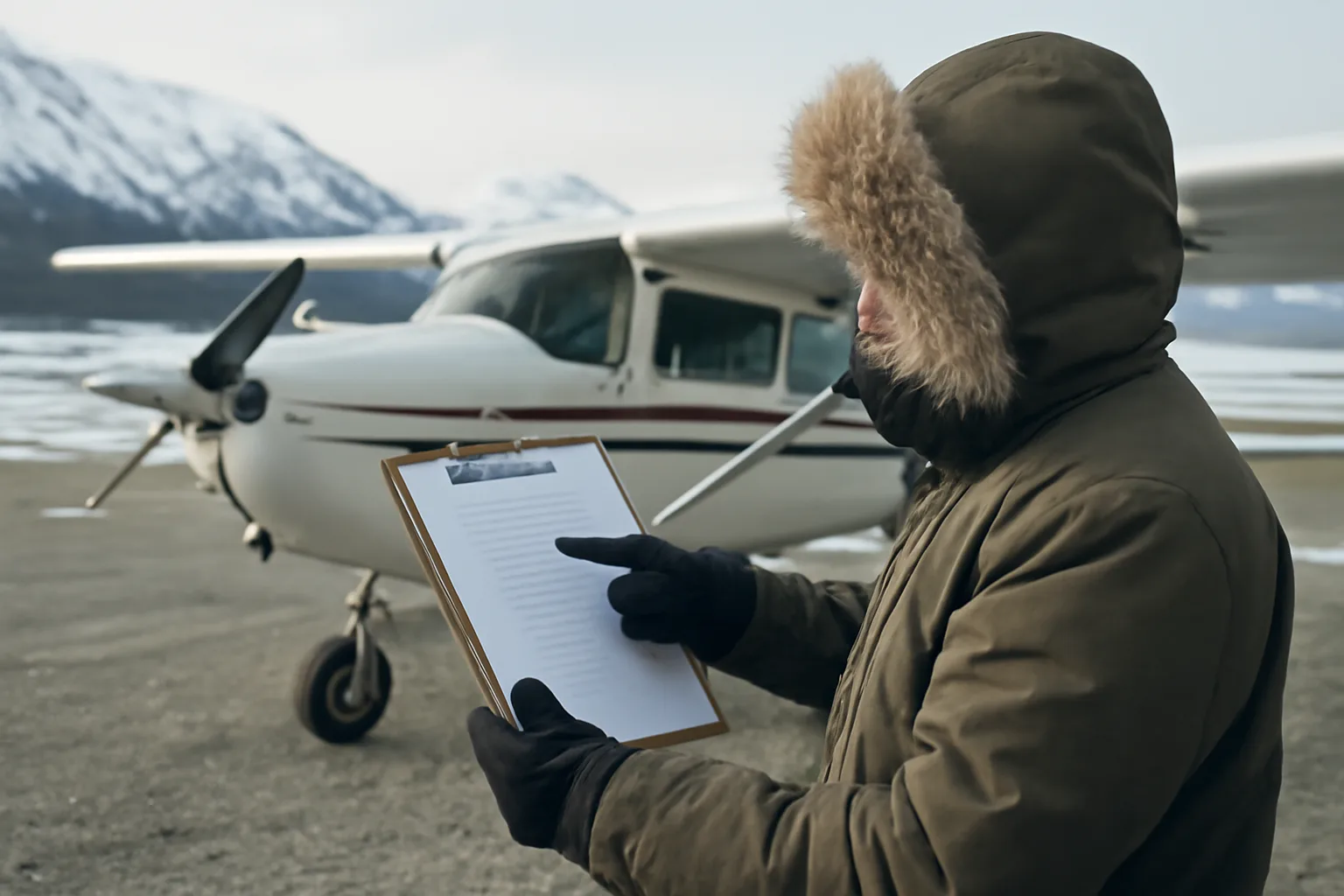 person in parka serving papers near small plane in Alaska