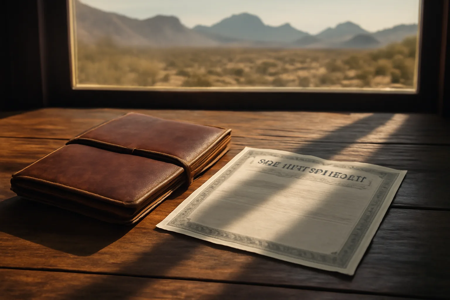 Notebook and bond certificate on desk with desert mountain view in Arizona