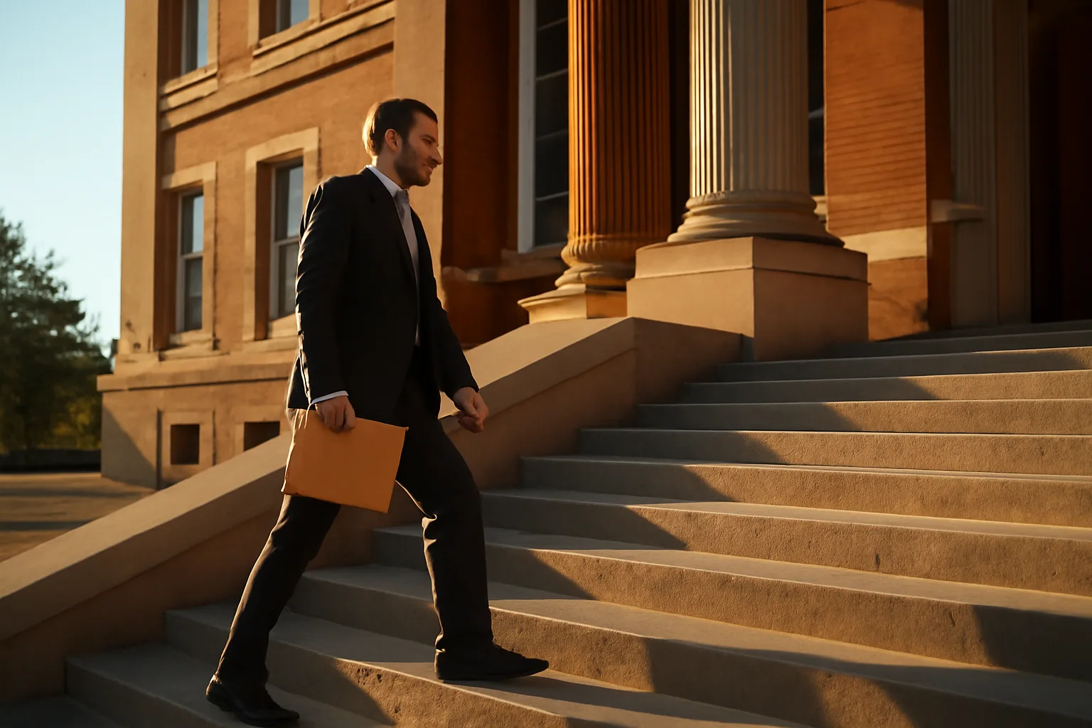 Process server climbing courthouse steps in Arkansas holding legal documents