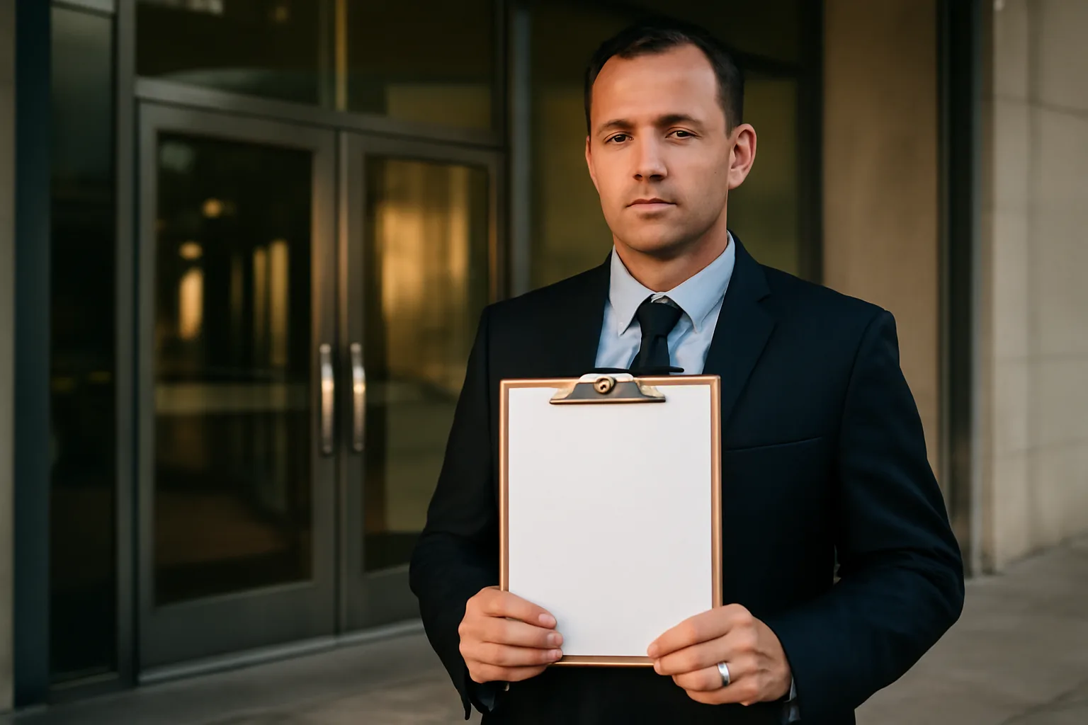 Process server outside a California county building holding blank renewal forms.