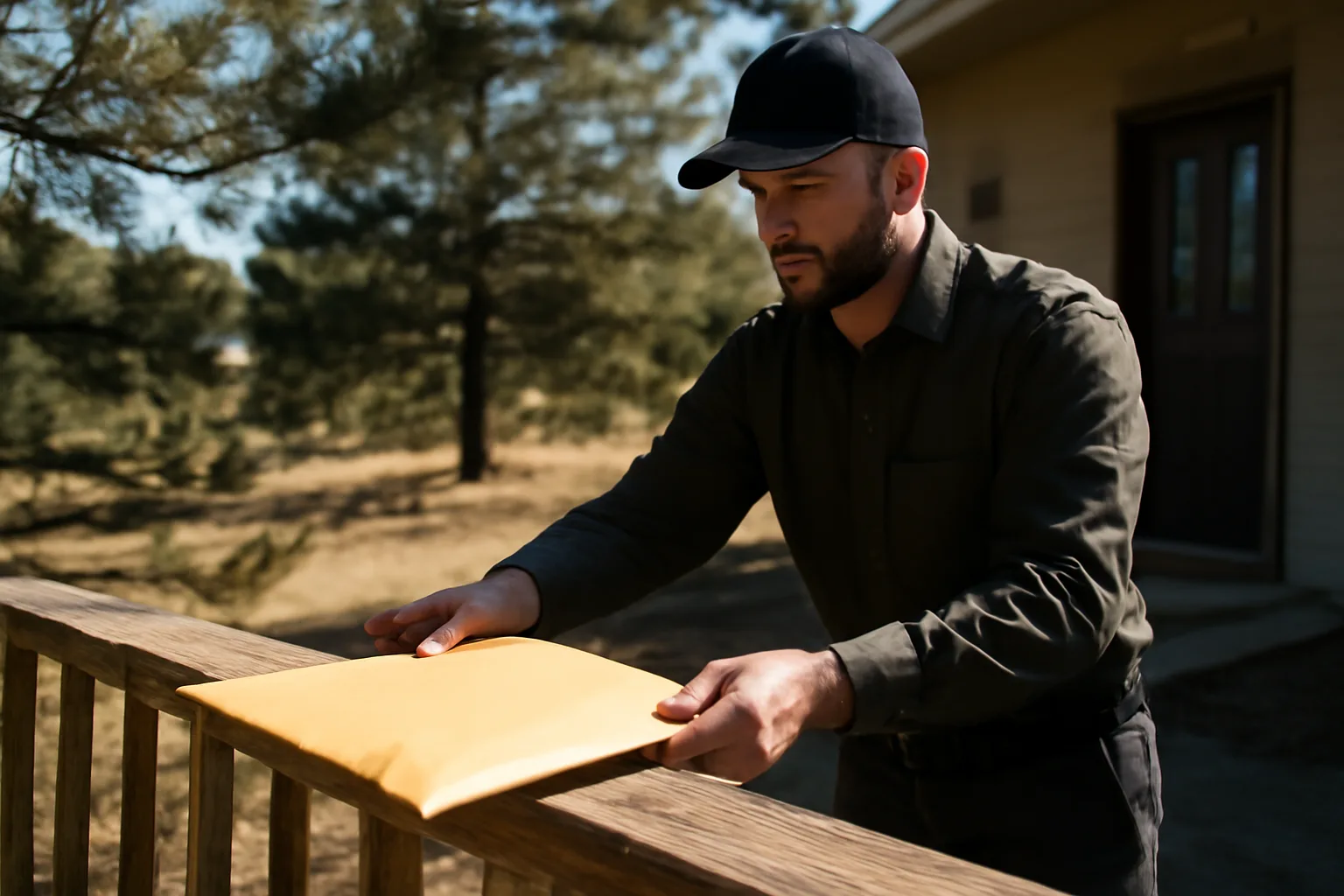 Unmarked manila envelope on a Colorado foothill porch in hard afternoon light