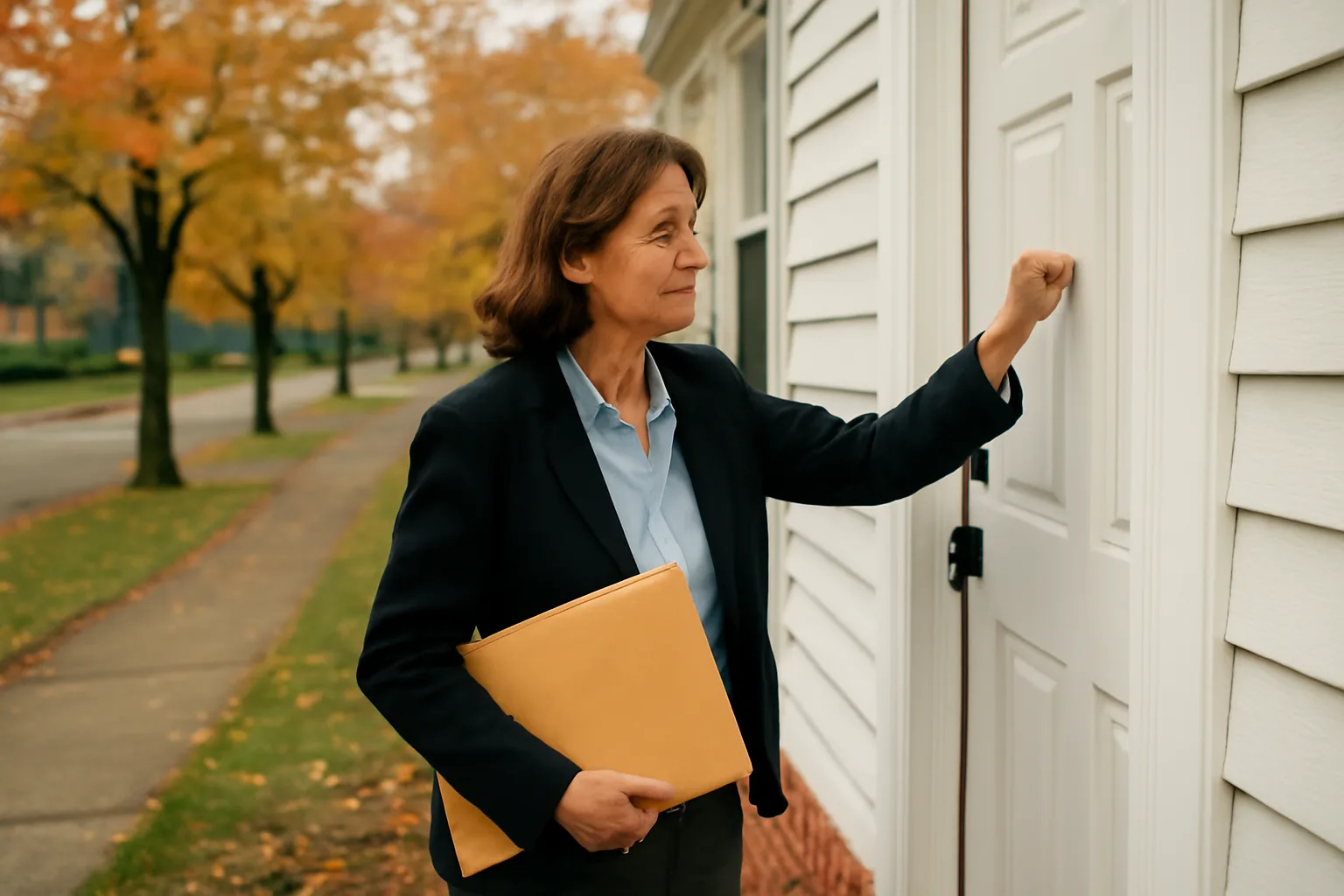 Process server knocking on a front door on a residential street in Connecticut during autumn