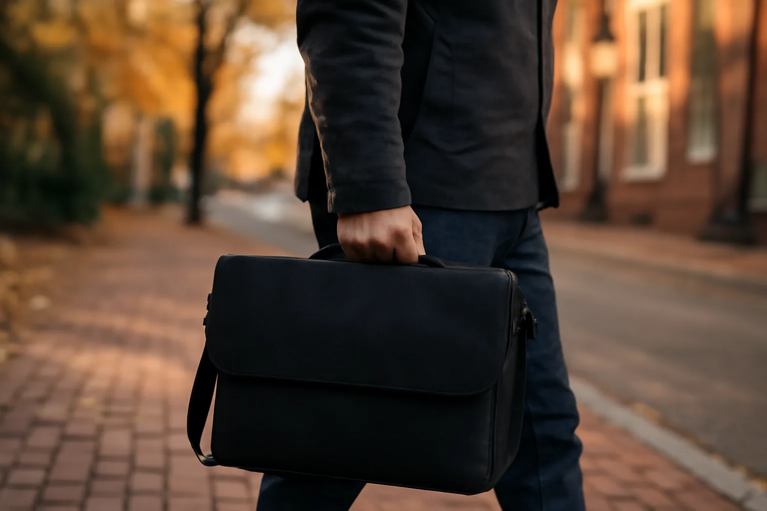 Person carrying a document satchel on a brick sidewalk in New Castle Delaware