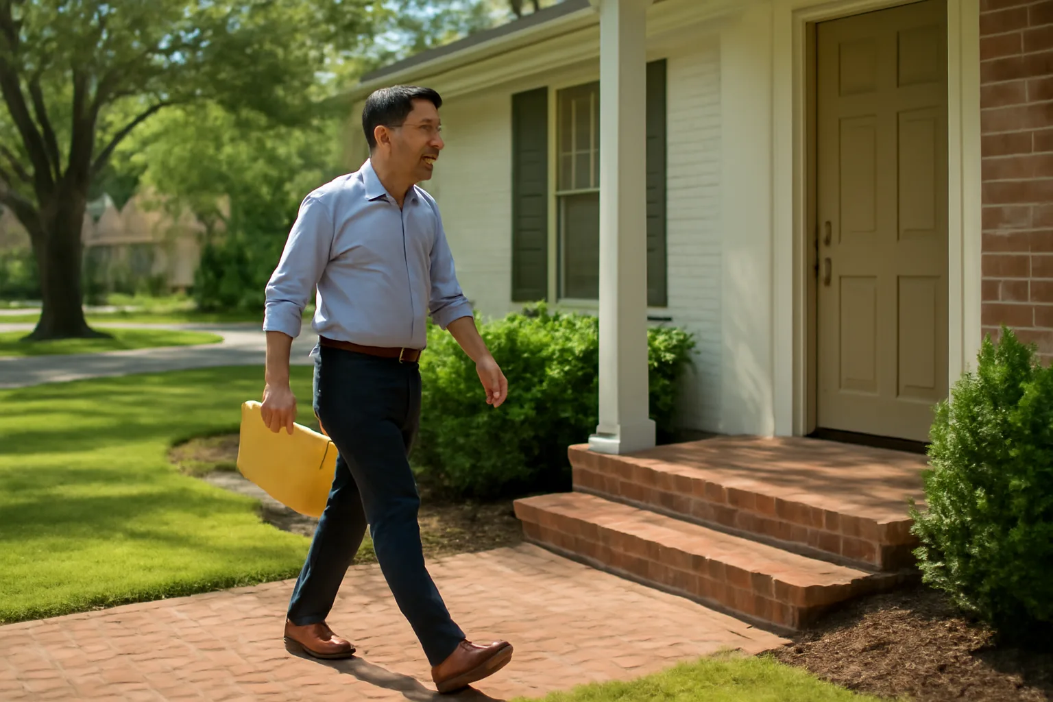 Process server approaching a residential front door in Alabama, morning light