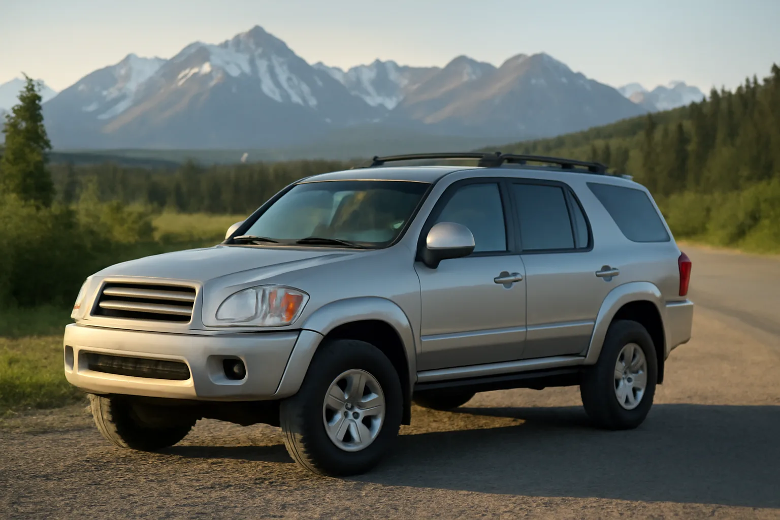 SUV on a gravel road in rural Alaska used by a process server for document delivery.