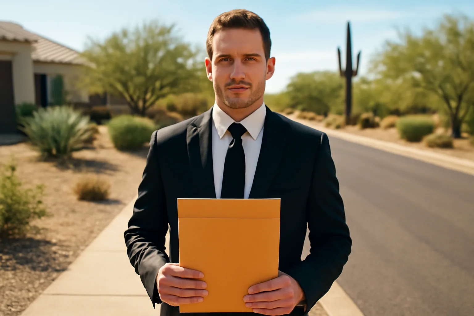 Arizona process server on a sidewalk with desert backdrop