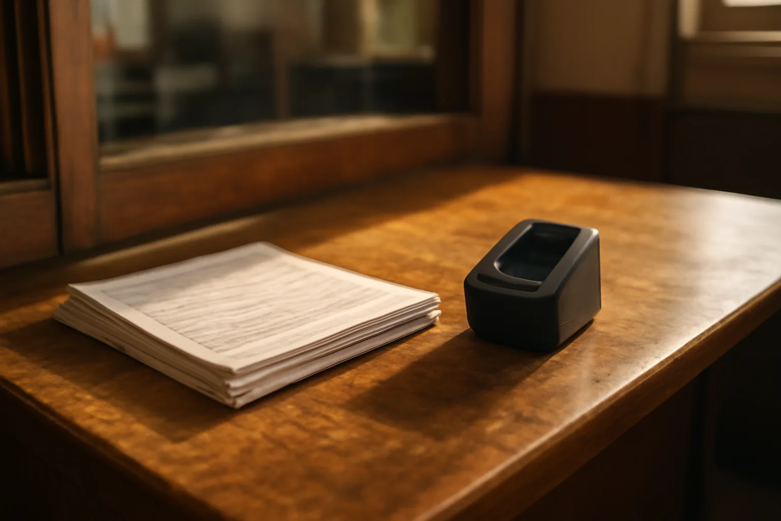 County clerk counter with process server registration forms and a fingerprint scanner in late-day light.