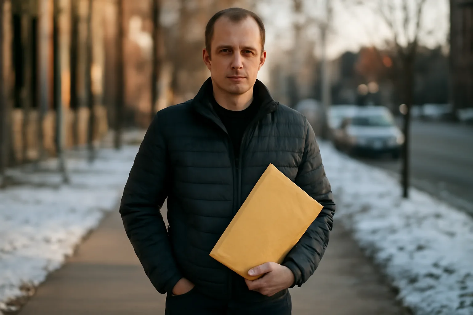 Process server holding an envelope on a Denver sidewalk in winter