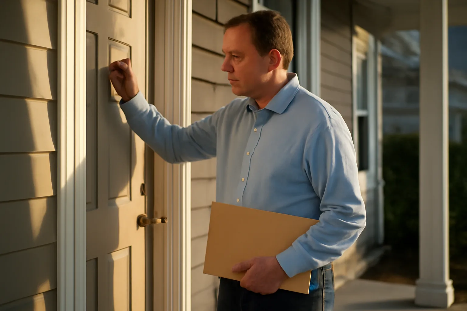 Process server knocking on a Connecticut residential front door with a service envelope in hand