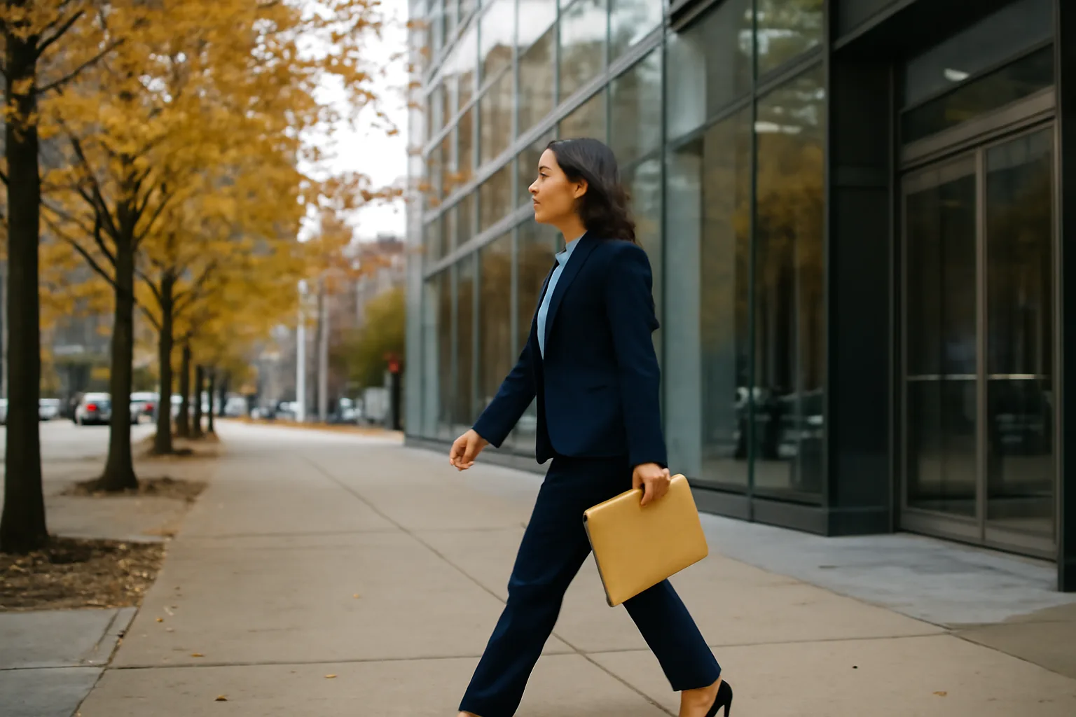 Person walking toward a Wilmington office building with a service envelope, no visible text