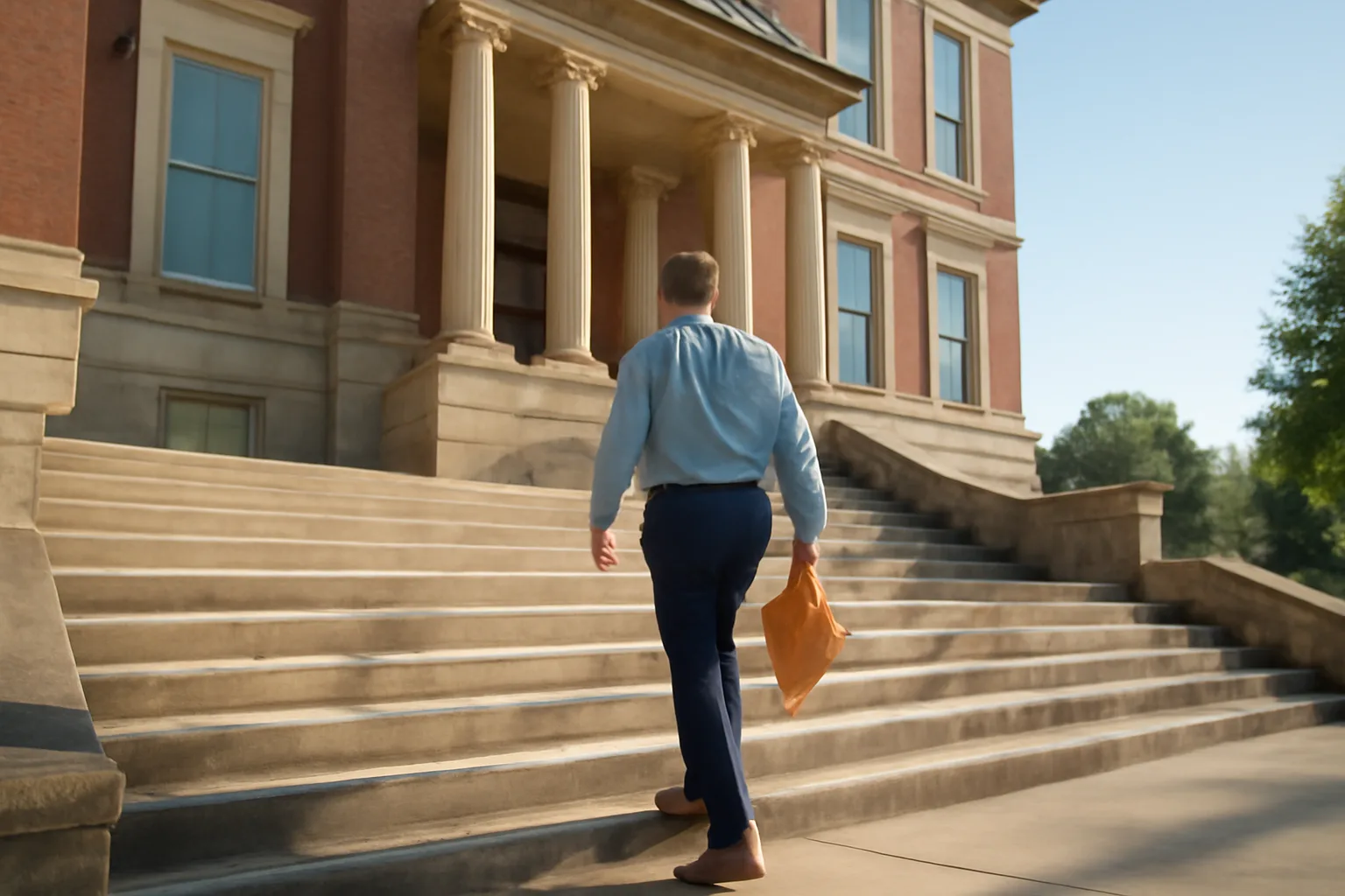Process server carrying documents approaching an Alabama county courthouse entrance