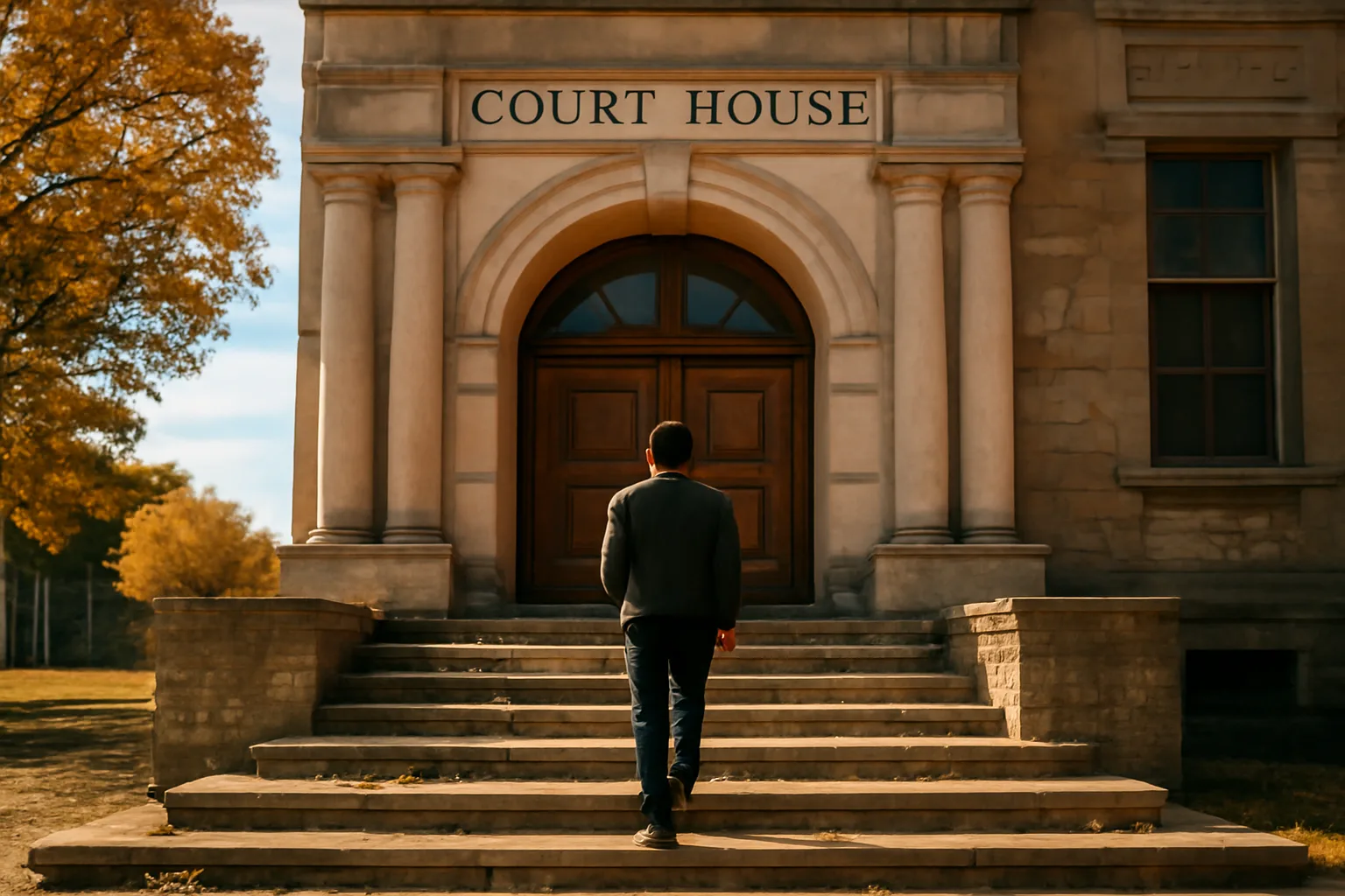 Small Arkansas county courthouse entrance in morning light, process server approaching steps