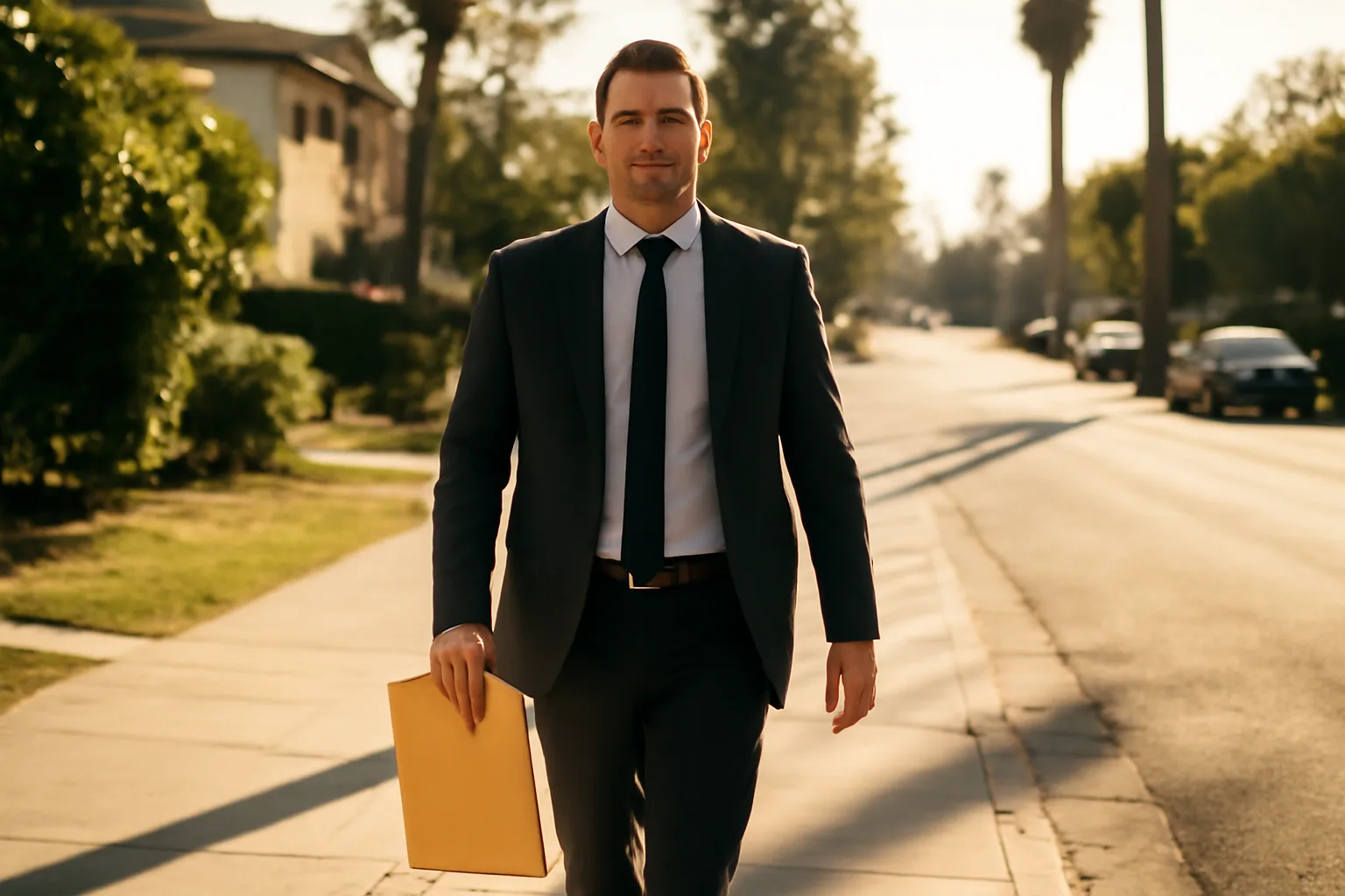 Process server walking on Los Angeles residential street holding documents for service