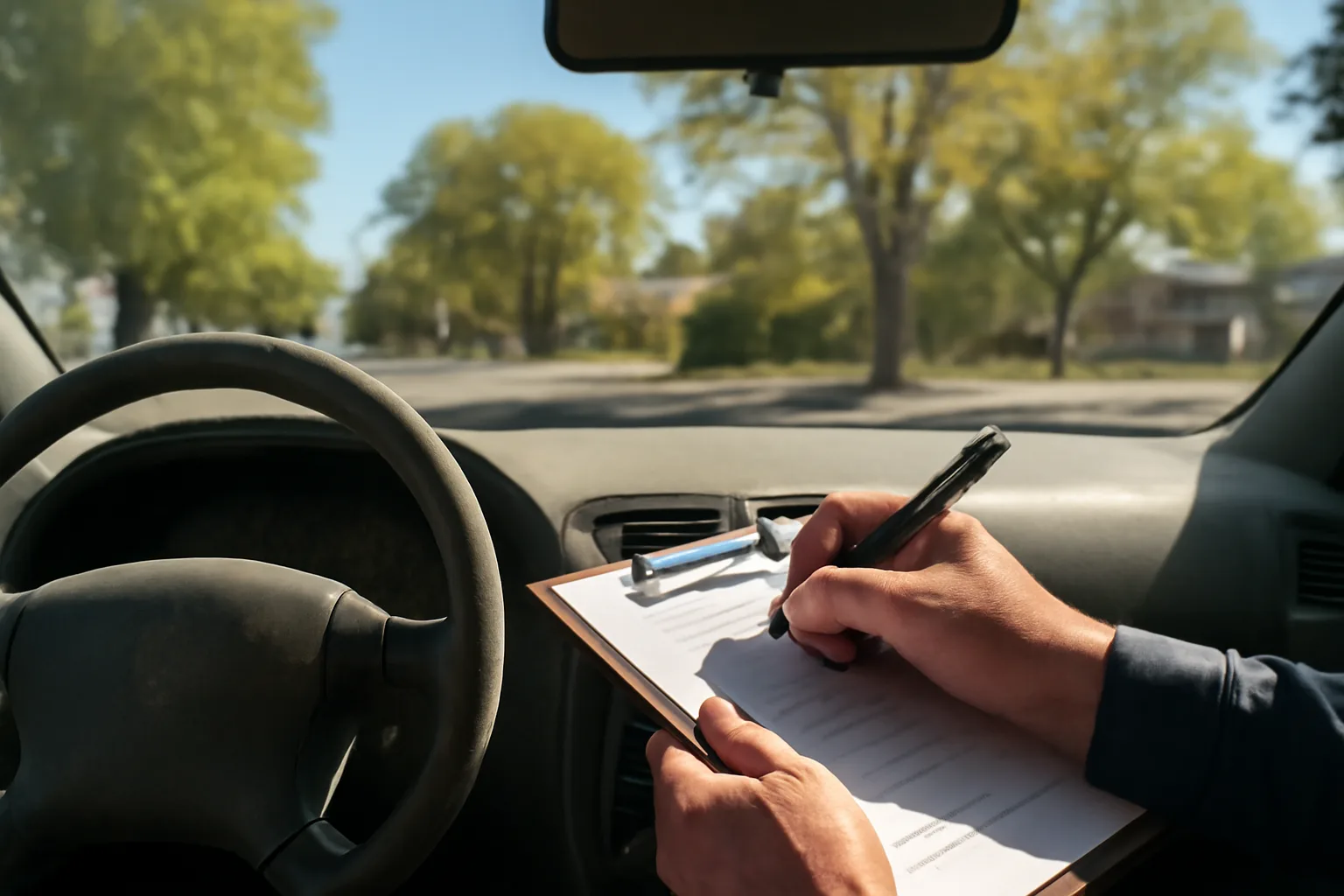 Process server preparing paperwork in a parked car on a Colorado residential street