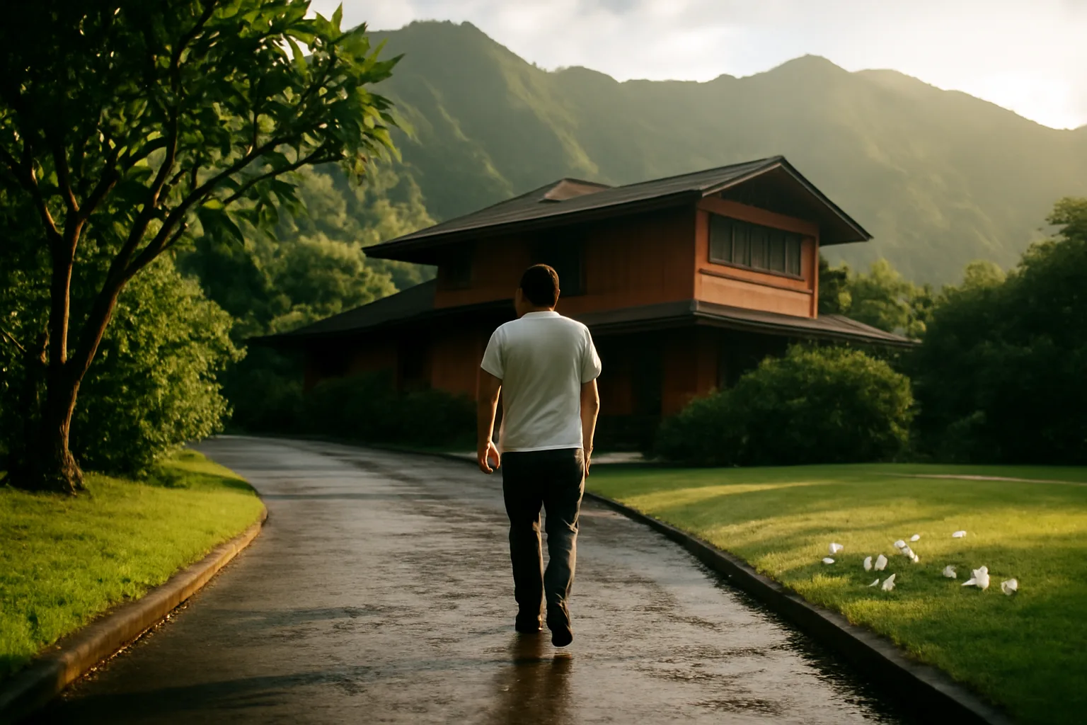 Process server walking a wet Honolulu driveway after morning rain