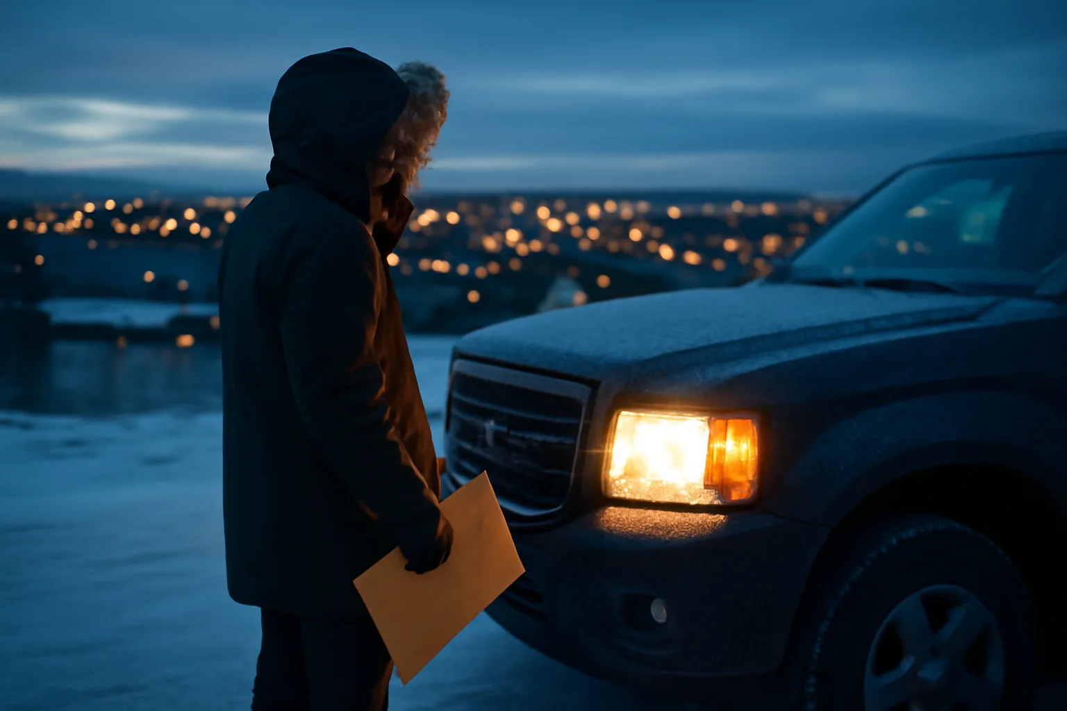 Process server in Alaska carrying legal documents next to a truck in winter evening light.