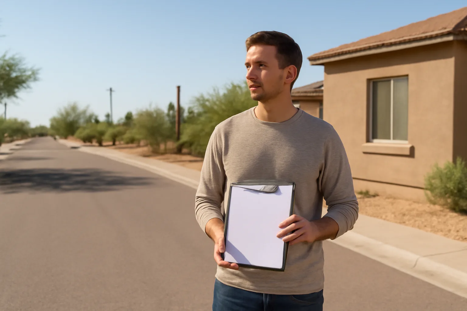 Plain clothes person holding a blank clipboard near an Arizona stucco house