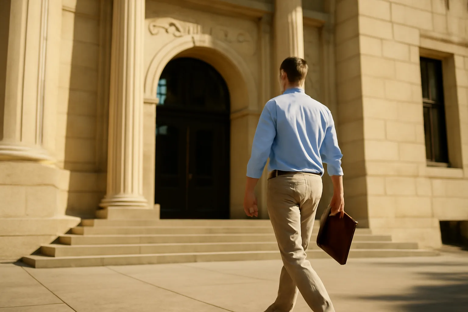 Person carrying documents approaching a county courthouse to register as a process server