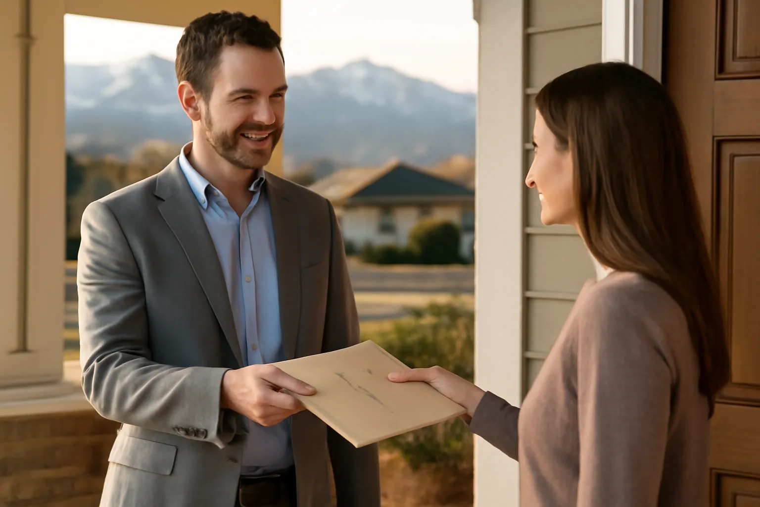 Process server handing documents to a recipient at a Colorado home with mountains visible