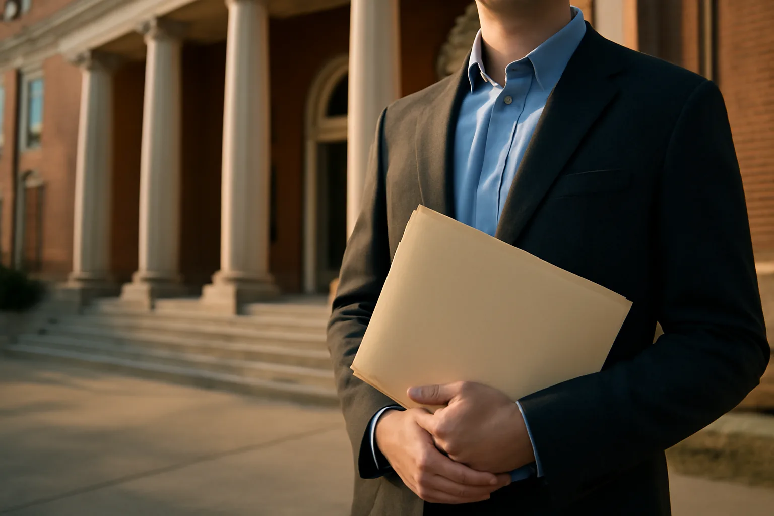 A process server outside a Connecticut courthouse holding legal documents in morning light
