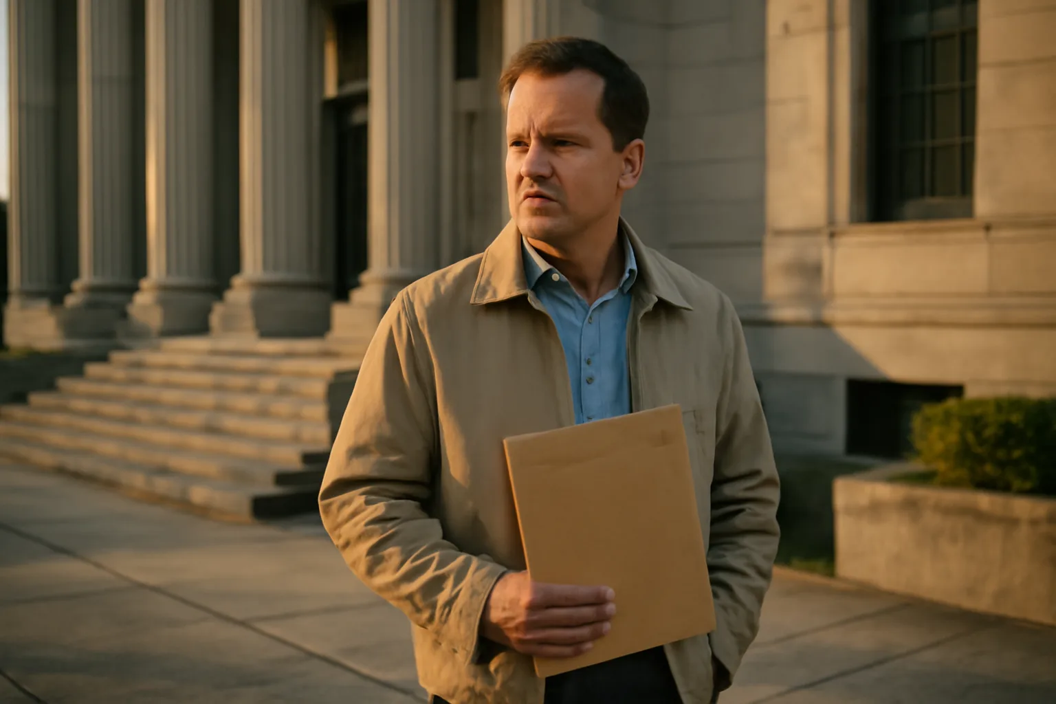 Delaware process server holding court documents outside a courthouse in morning light