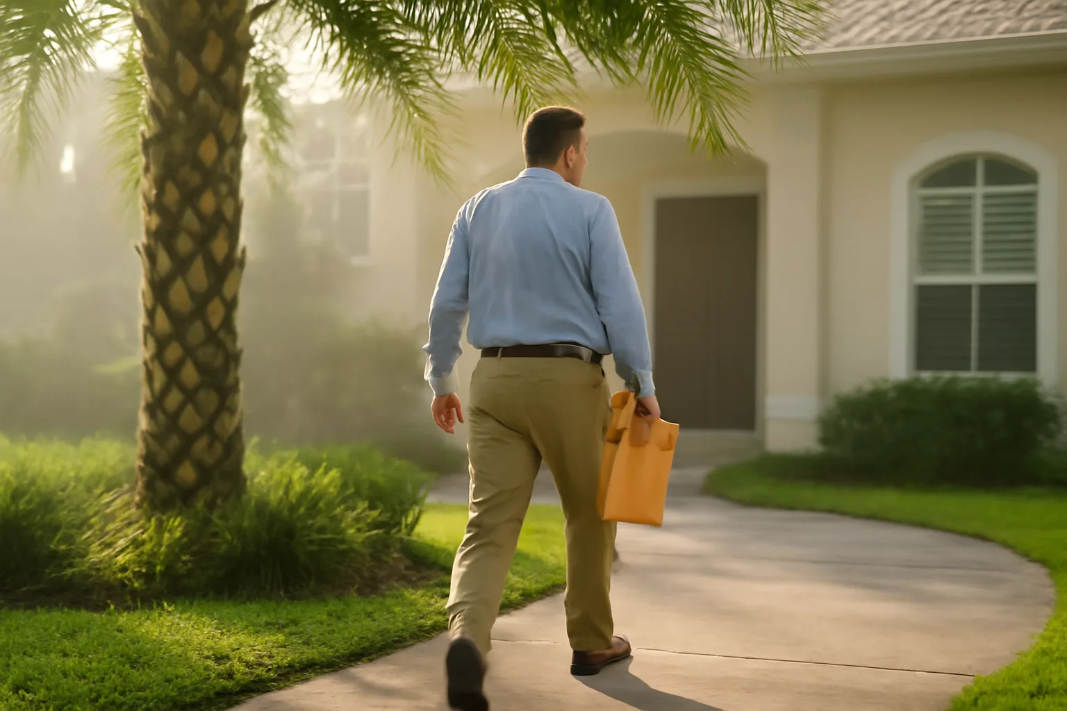 Process server approaching a Florida home to deliver legal documents