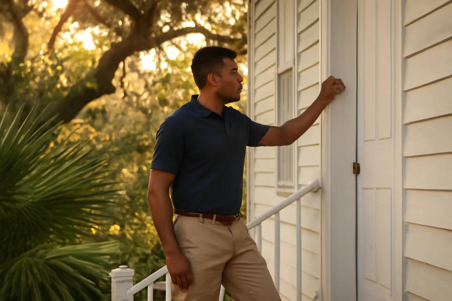 Adult knocking on a shaded Savannah porch on process server work