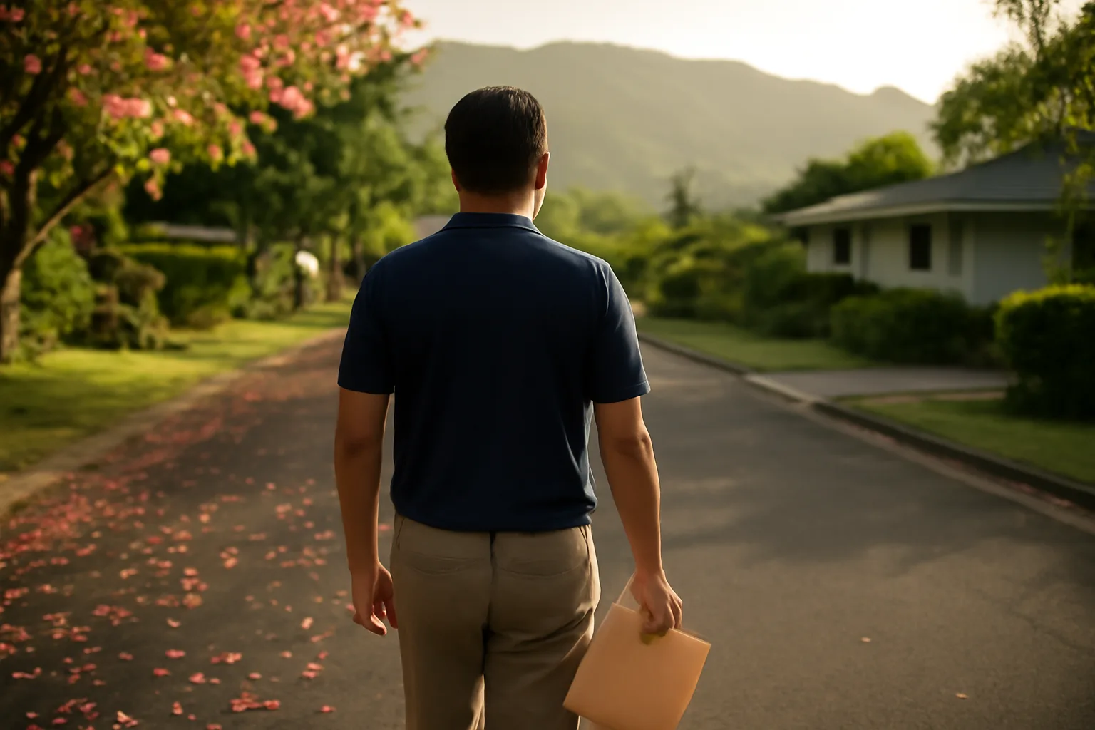 Process server walking a Honolulu street with a closed envelope