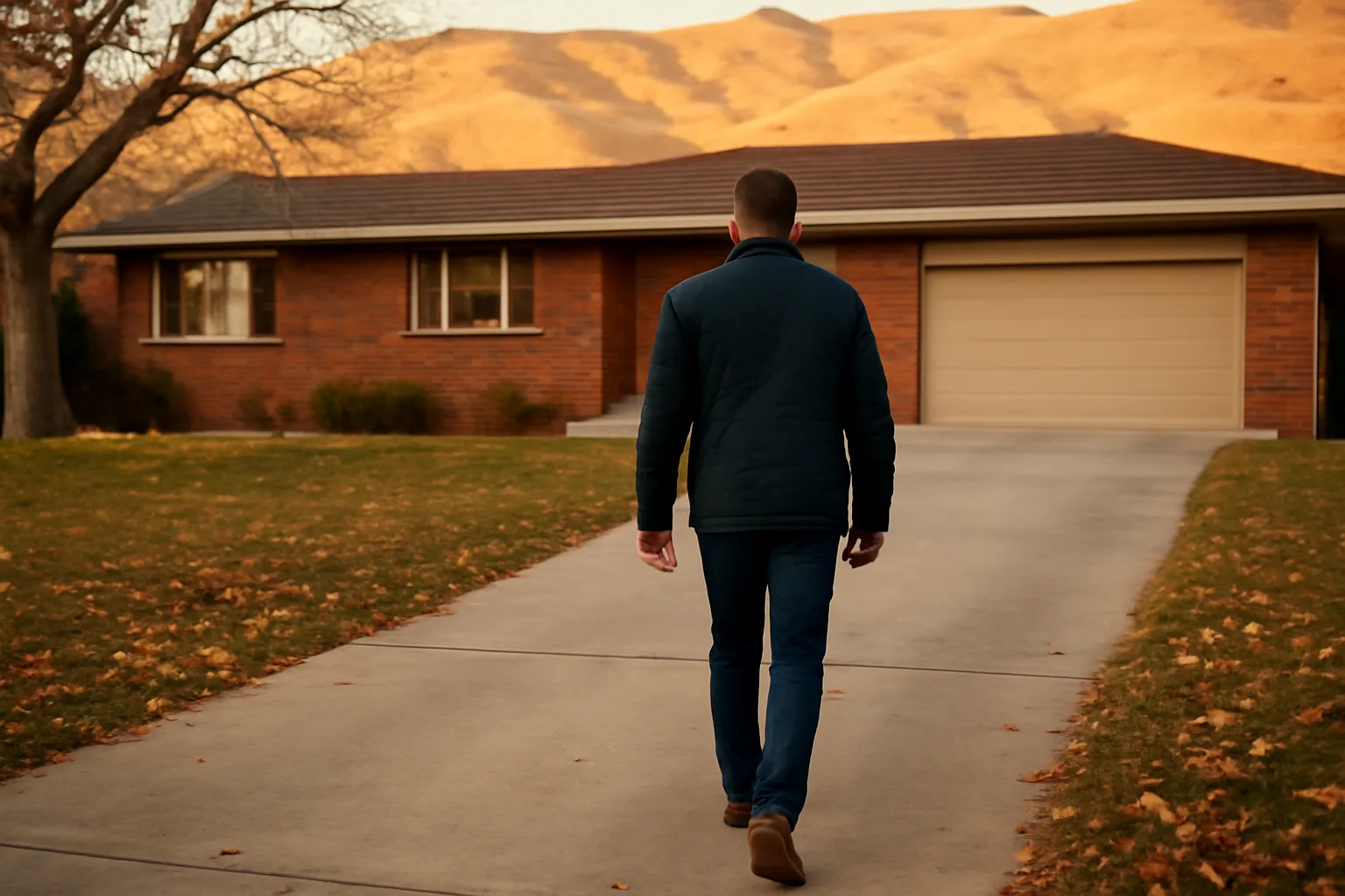 Person walking up a Boise driveway to serve process at dusk