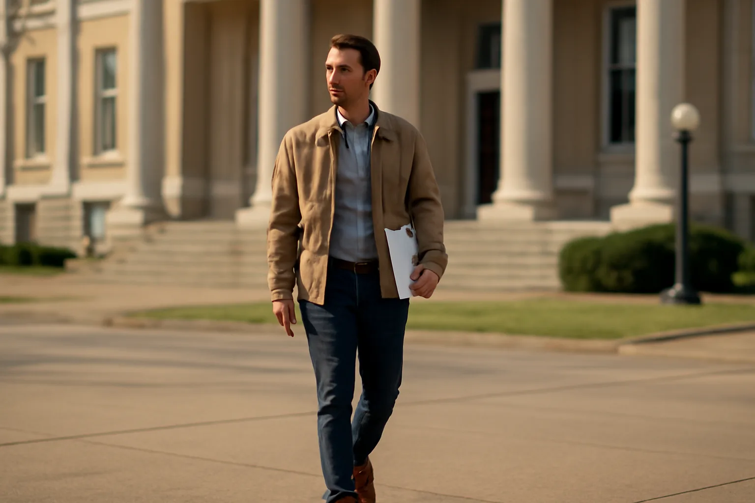 Process server walking toward an Arkansas county courthouse on a clear morning