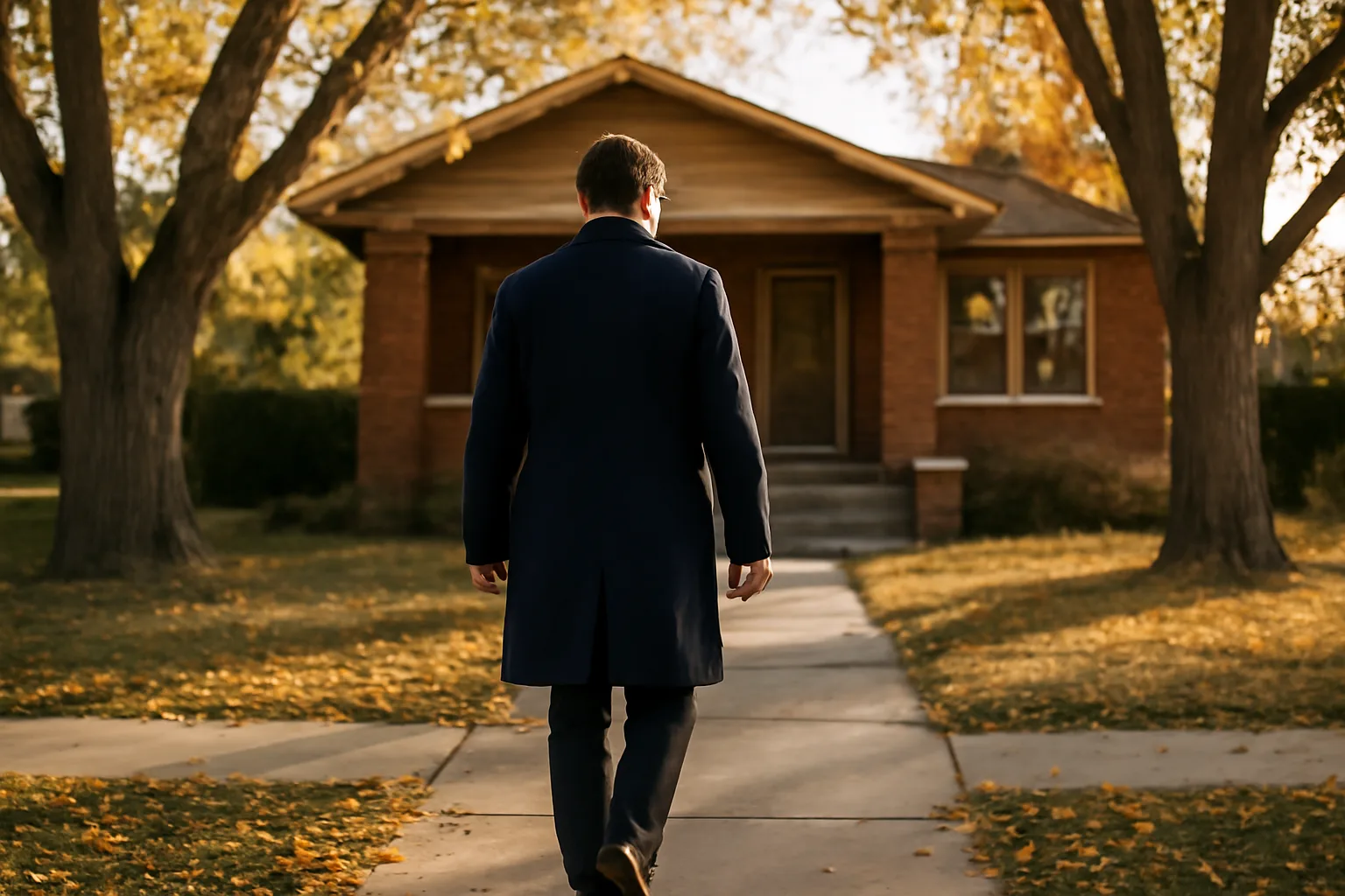 Process server walking toward a Boise bungalow porch at sunset