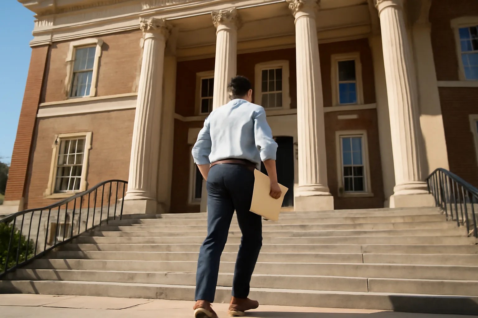 Person carrying documents walks up Alabama county courthouse steps in morning light