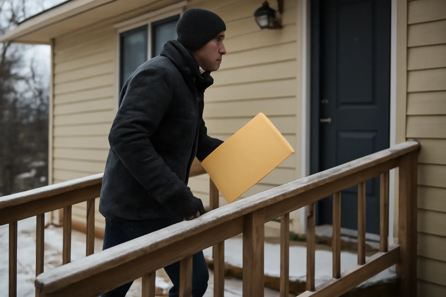 A process server in winter clothes carries a manila envelope up snowy steps in Anchorage