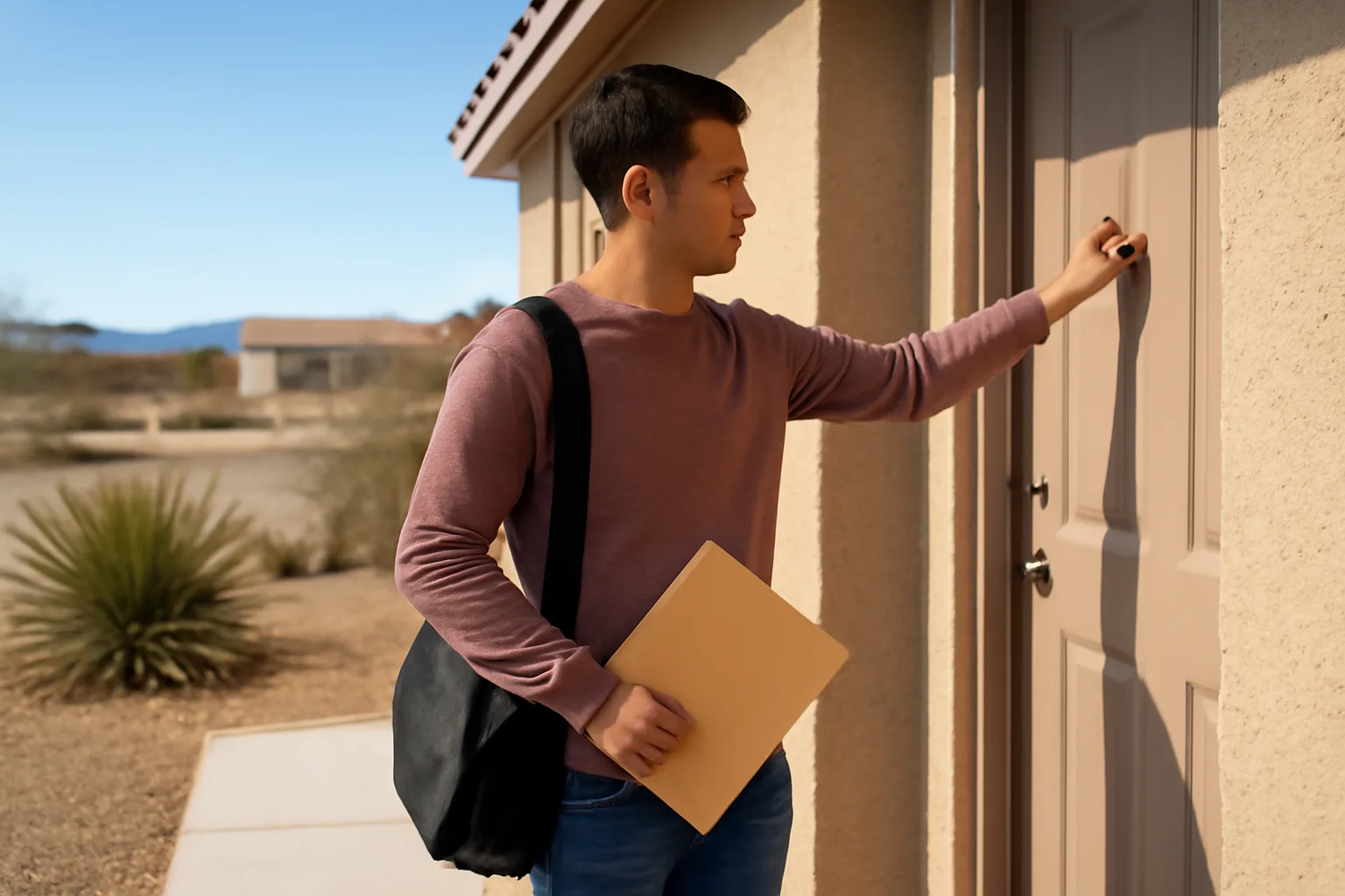 A process server knocking on a door in an Arizona neighborhood.