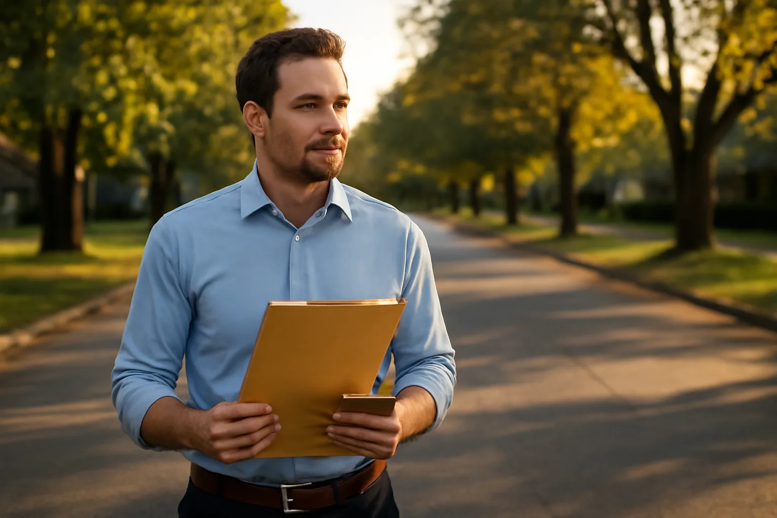 Process server holding legal documents on an Arkansas residential street