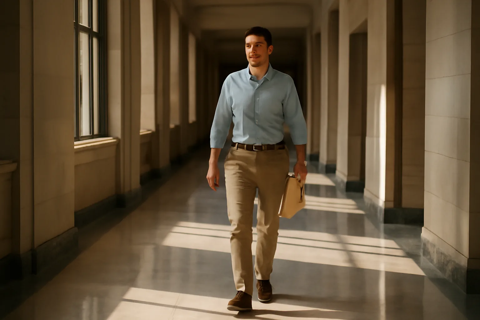 Person carrying documents through a California county courthouse hallway in morning light