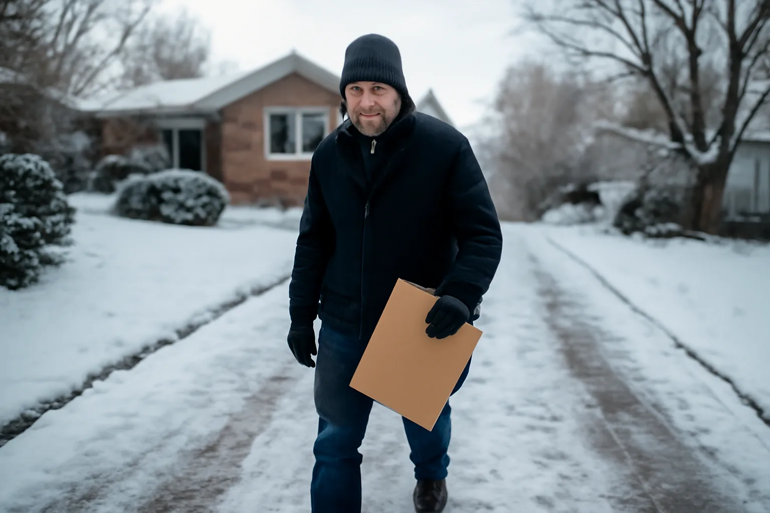 Adult process server approaching a Denver house with envelope in morning light