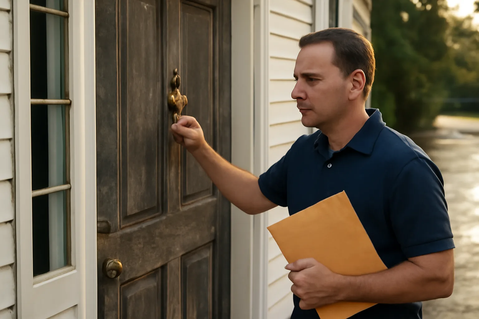 A process server standing at a Connecticut home front door holding legal documents