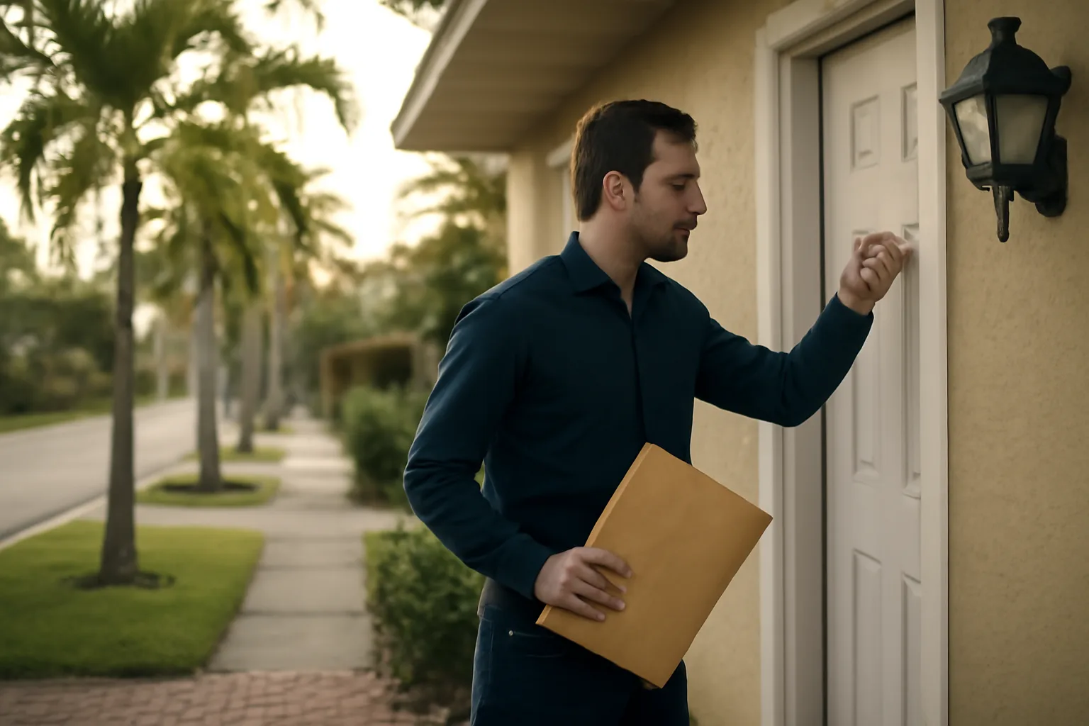 Process server knocking on a residential door in Florida, holding a manila service envelope
