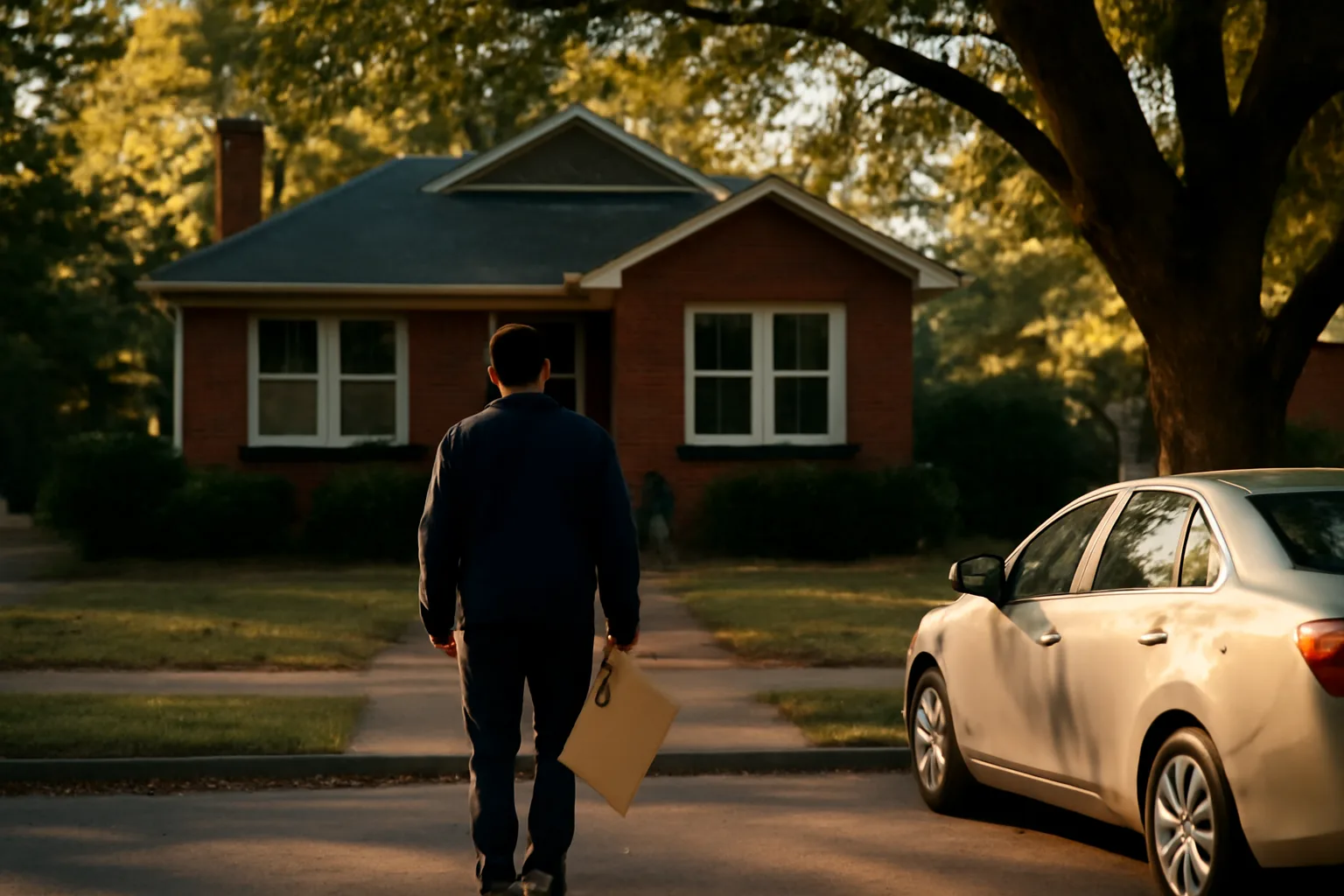 Process server approaching a brick home in Georgia afternoon light