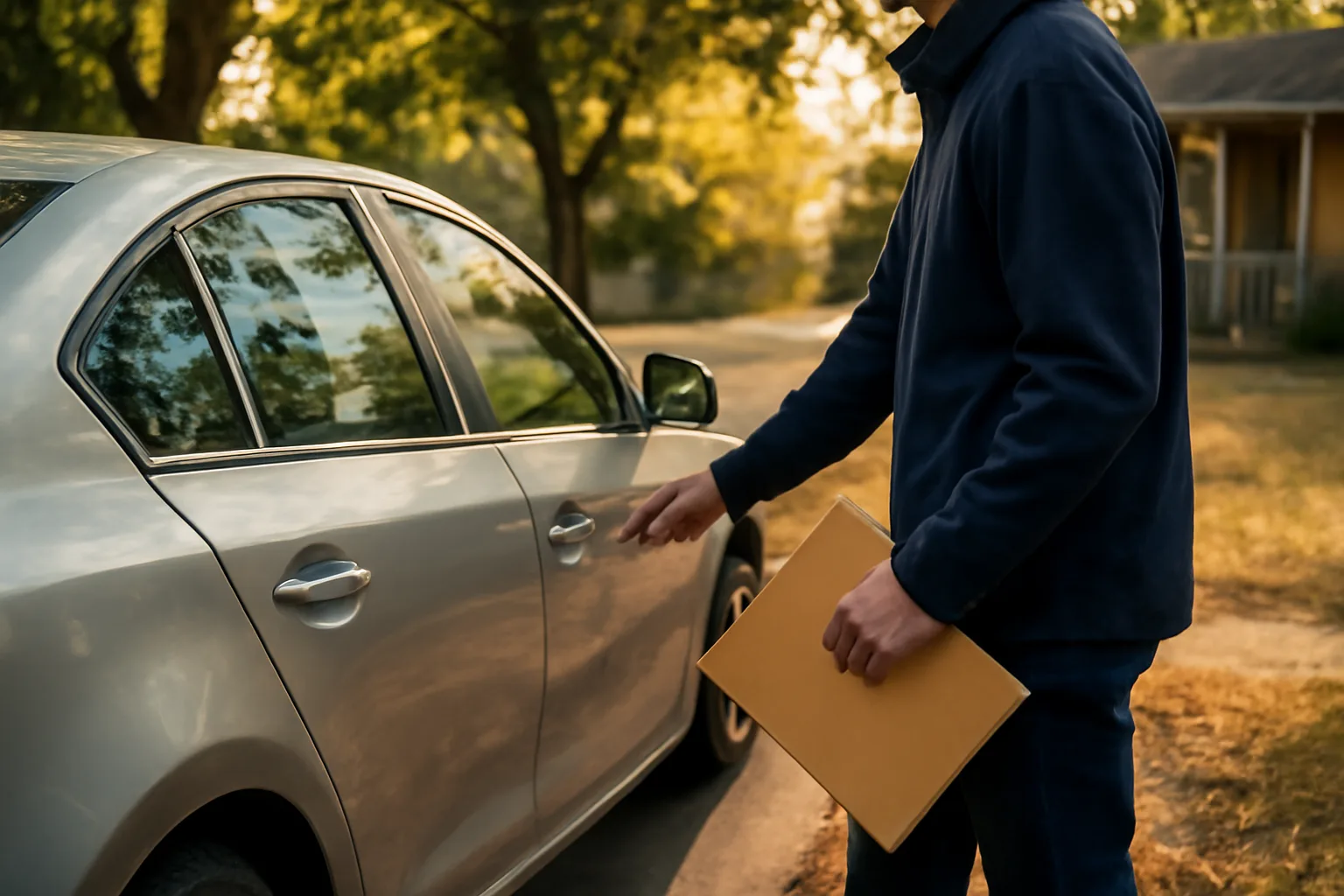 Process server with an envelope on a quiet Boise street