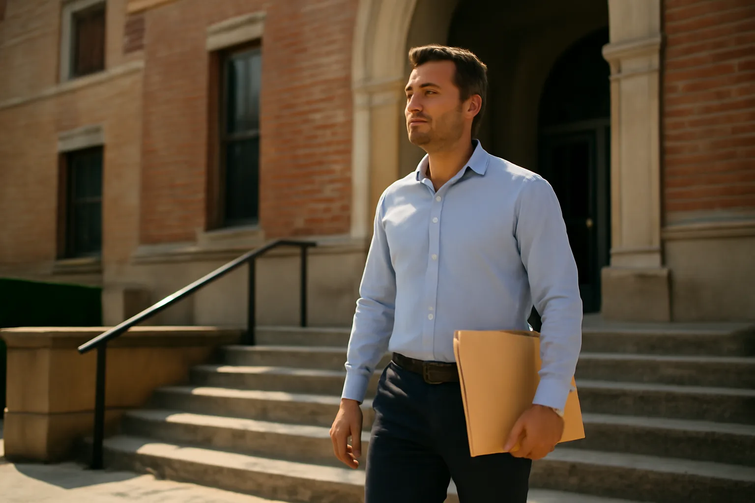 Process server approaching an Alabama county courthouse with documents in hand