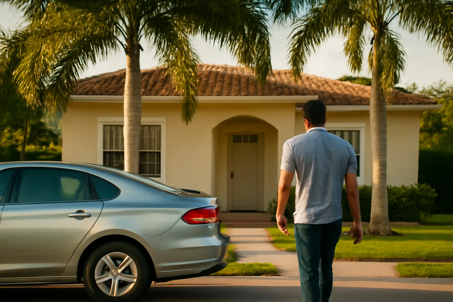 Process server approaching a South Florida stucco house at dusk
