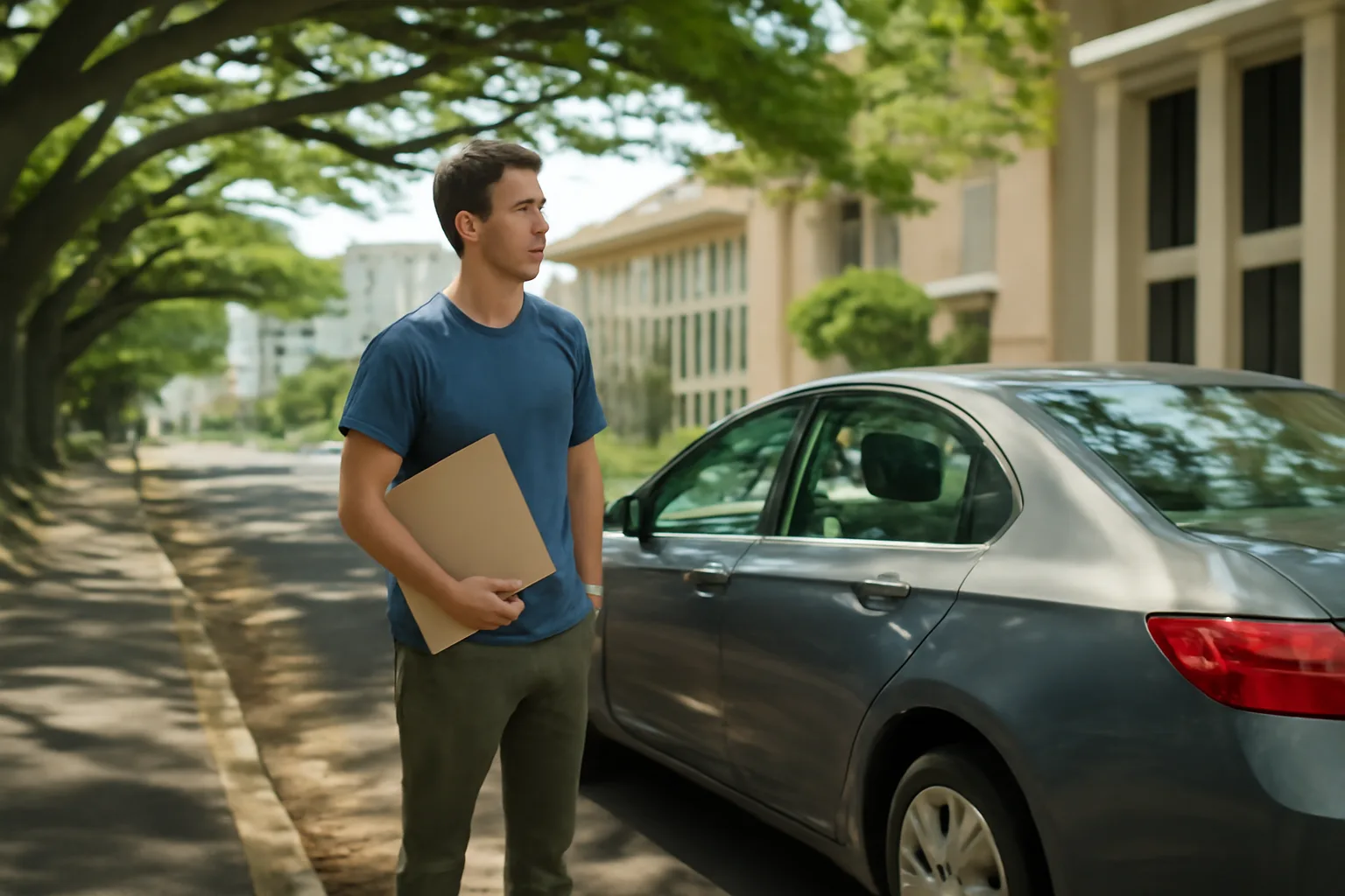 Process server waiting beside a car on a shaded Honolulu street
